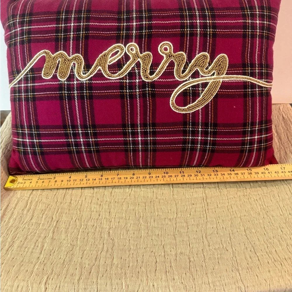 Pier 1 Plaid Merry Beaded Holiday Pillow